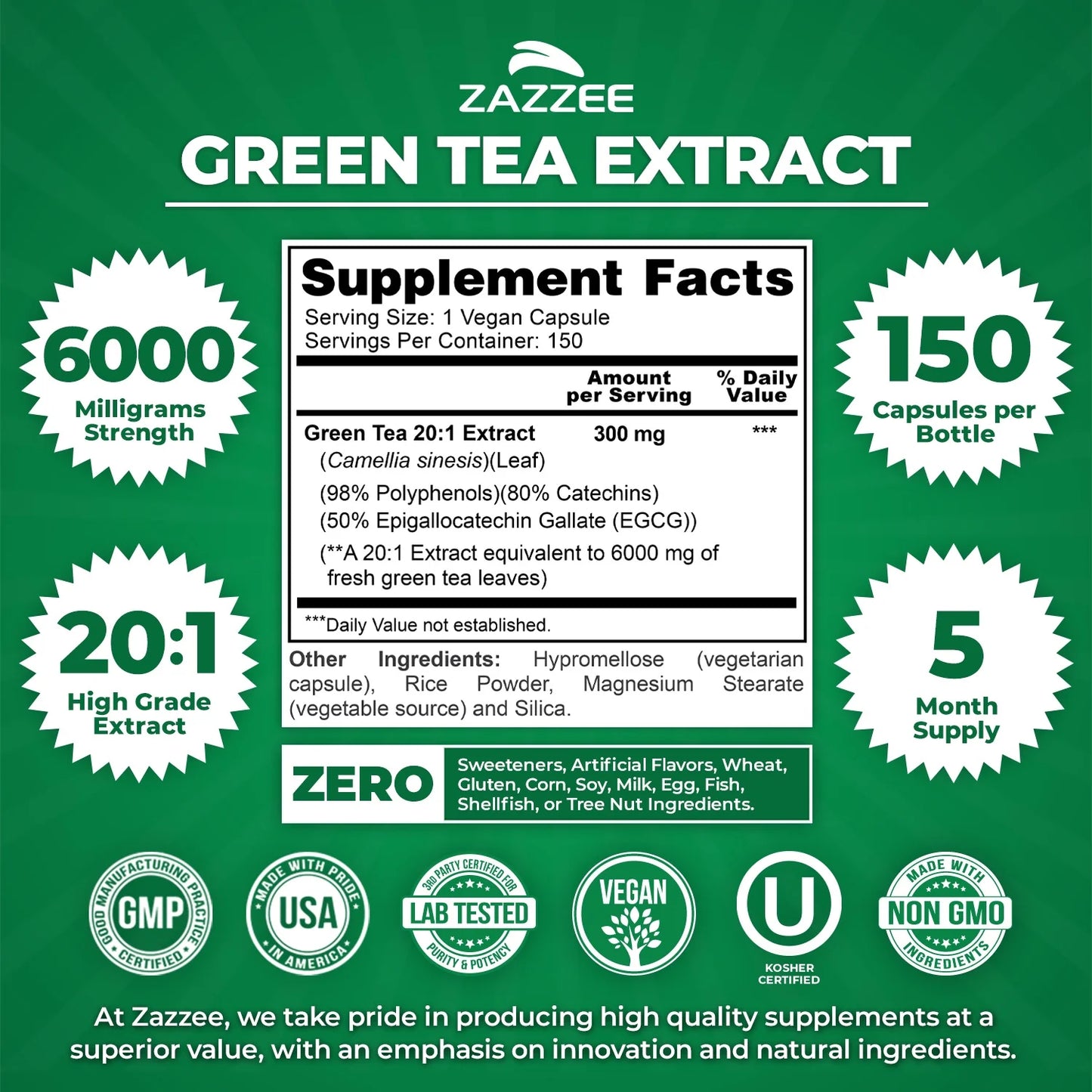 Zazzee Extra Strength Green Tea Extract 6000 Mg – 150 Vegan Capsules – 20:1 Potency – 50% EGCG / 98% Polyphenols – 5‑Month Supply – Vegan • Non-Gmo •Kosher• Made in USA