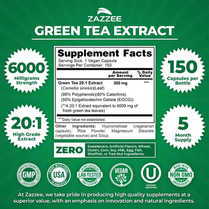 Zazzee Extra Strength Green Tea Extract 6000 Mg – 150 Vegan Capsules – 20:1 Potency – 50% EGCG / 98% Polyphenols – 5‑Month Supply – Vegan • Non-Gmo •Kosher• Made in USA