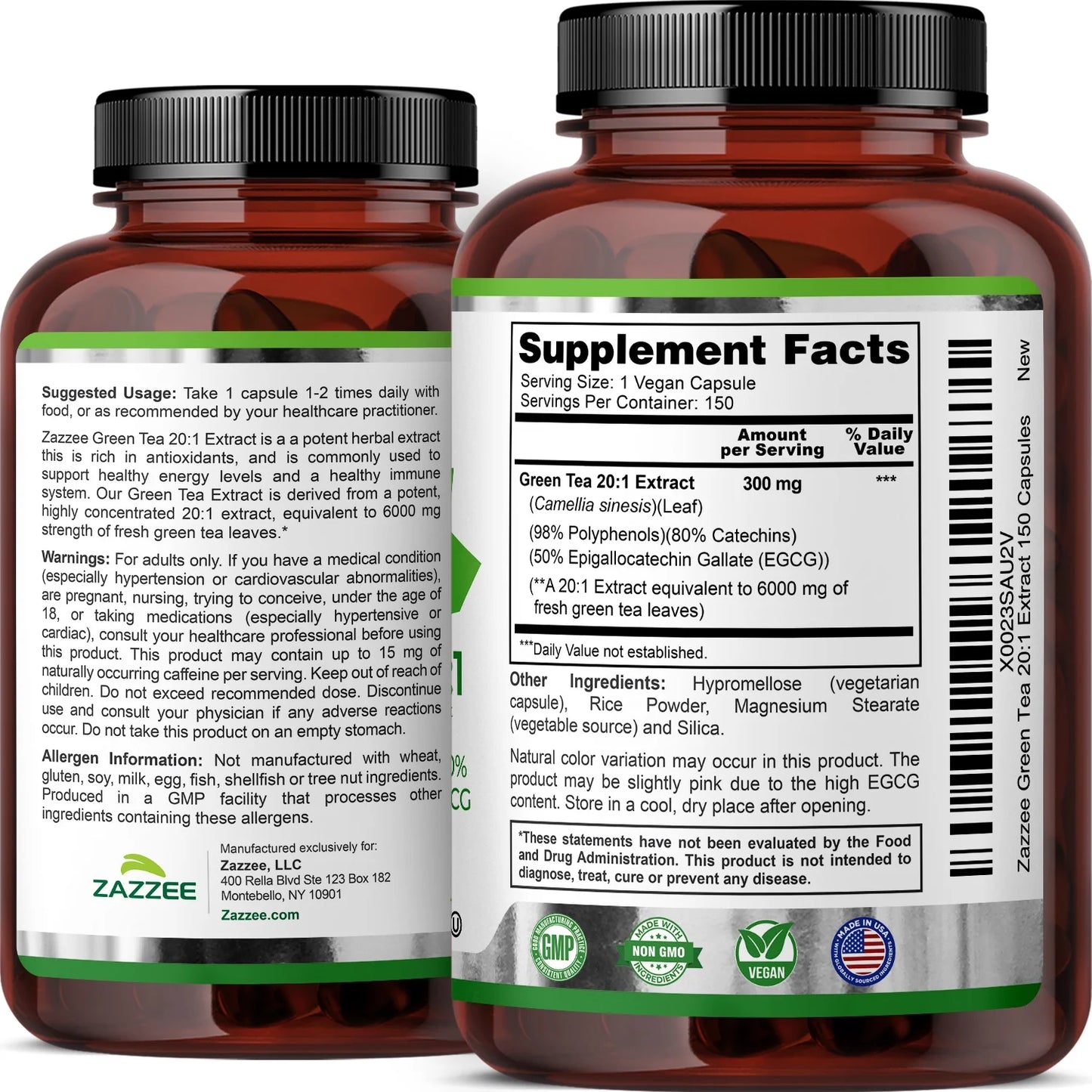 Zazzee Extra Strength Green Tea Extract 6000 Mg – 150 Vegan Capsules – 20:1 Potency – 50% EGCG / 98% Polyphenols – 5‑Month Supply – Vegan • Non-Gmo •Kosher• Made in USA